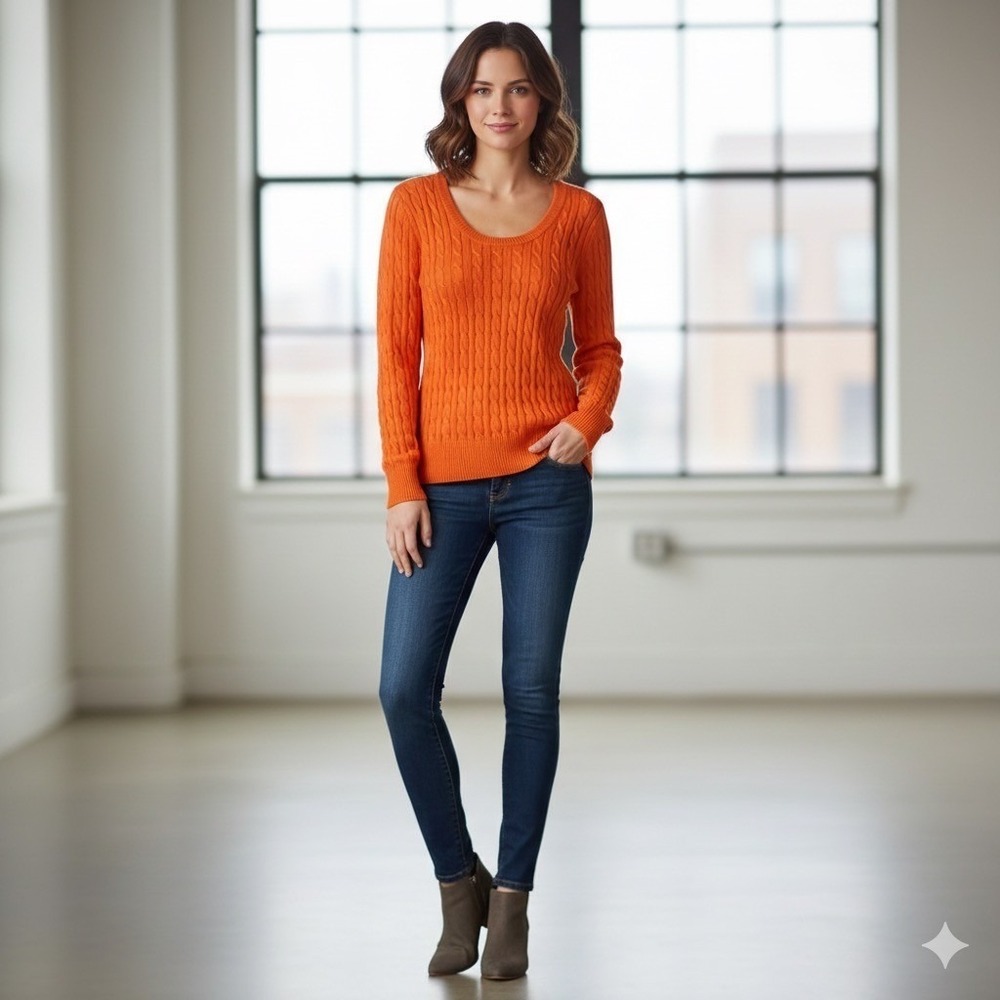 American Eagle Womens Size Medium Cable Knit Sweater Orange Scoop Neck Boho Cozy